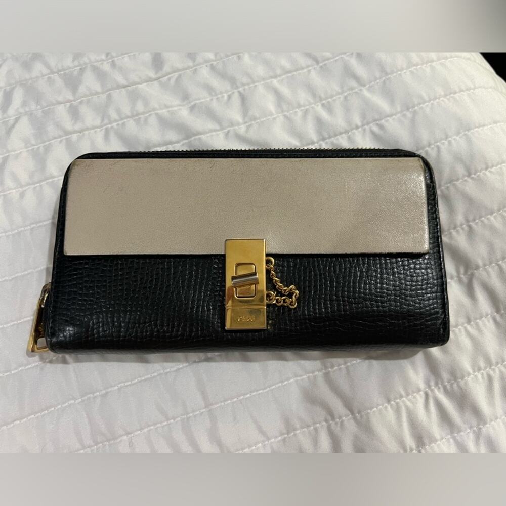 Chloe Black and Cream Leather Zip Wallet with Gold Hardware